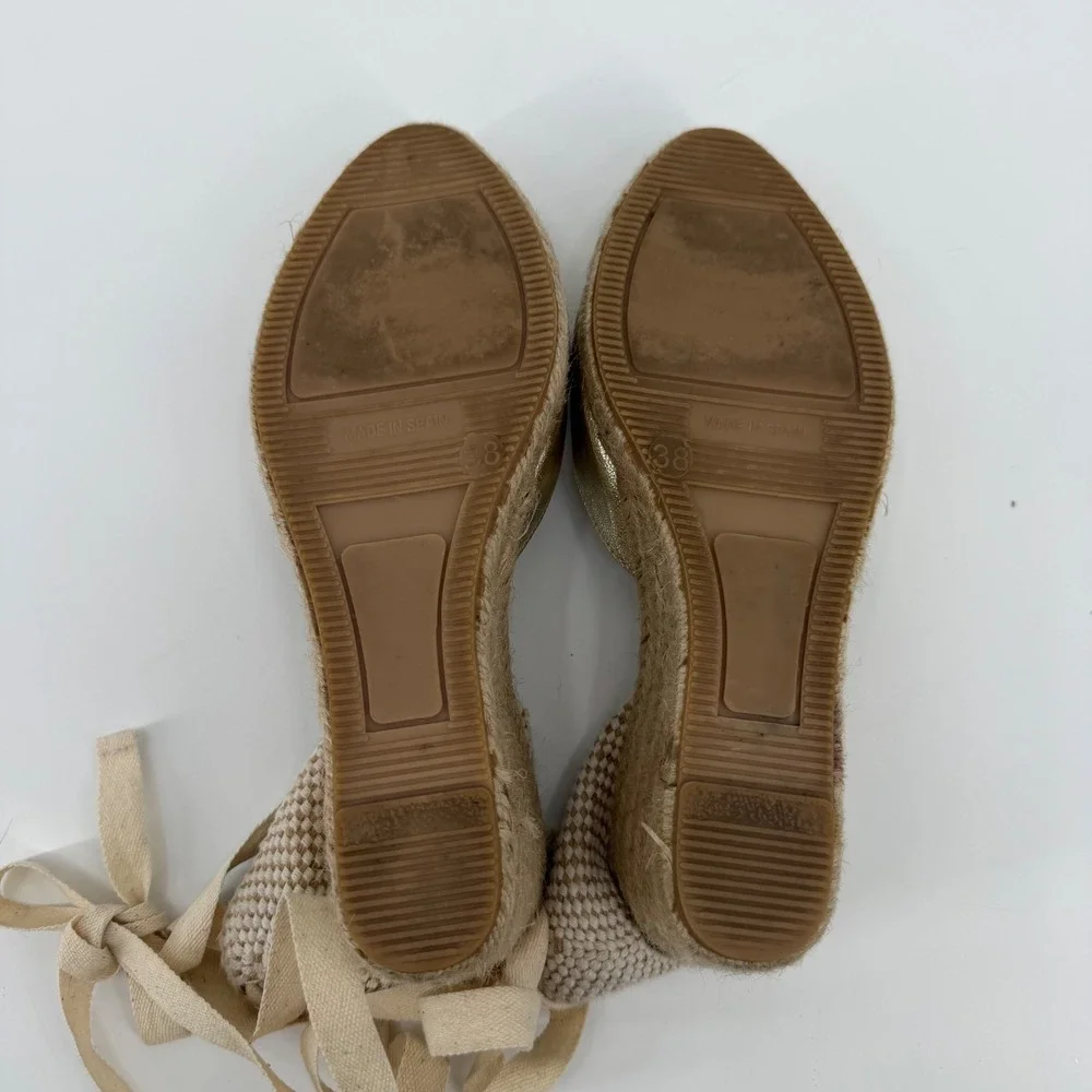 Boden Metallic Gold Espadrille Wedges Ribbon Ankle Tie Made in Spain Size 38